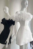 Off-Shoulder Strapless Ruffles Tulle Satin A-Line Mini Homecoming Dress HZ1024