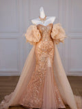 Elegant Mermaid Off The Shoulder Sequin Gold Evening Dress Long Slit Prom Dresses HZ1024