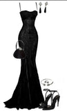 Elegant Mermaid Spaghetti Straps Black Lace Long Prom Dress Birthday Outfits HZ1024