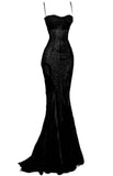 Elegant Mermaid Spaghetti Straps Black Lace Long Prom Dress Birthday Outfits HZ1024