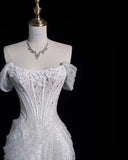 Elegant Mermaid Off The Shoulder Sequin Long White Wedding Dresses HZ1024