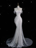 Elegant Mermaid Off The Shoulder Sequin Long White Wedding Dresses HZ1024