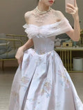 Elegant A line Off The Shoulder Satin Floral Evening Dress Long Prom Dresses HZ1024
