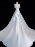 Elegant A line Off The Shoulder Satin Pearls Long White Wedding Dresses HZ1024