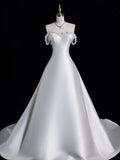 Elegant A line Off The Shoulder Satin Pearls Long White Wedding Dresses HZ1024