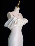 Elegant Mermaid Off The Shoulder Satin Pearls Long White Wedding Dresses HZ1024