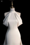 Elegant Mermaid High Neckline Satin Long White Wedding Dresses HZ1024