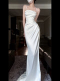 Vintage Mermaid Spaghetti Straps White Satin Long Birthday Dress Prom Dresses HZ1024