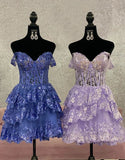 Off The Shoulder A-Line Tiered Short Party Dress Homecoming Dress HZ1024
