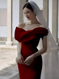 Sexy Mermaid Off The Shoulder Satin Long Burgundy Prom Dresses HZ1024