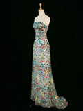 Vintage A Line Strapless Sequin Floral Long Prom Dresses Evening Dress HZ1024