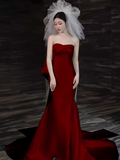 Sexy Mermaid Strapless Satin Long Burgundy Prom Dress HZ1024