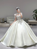 Timeless Ball Gown Satin Beaded Short Sleeves Long Wedding Dresses HZ1024