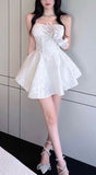 Sexy A line Strapless Short White Lace Homecoming Dress HZ1024