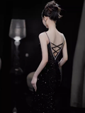Sexy Mermaid Straps Sequin Long Black Prom Dress HZ1024