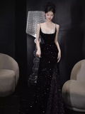 Sexy Mermaid Straps Sequin Long Black Prom Dress HZ1024