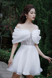 A-Line Strapless Cap Sleeves Back White Short Homecoming Dress HZ1024