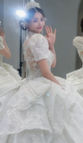 Timeles Ball Gown Square Tulle Sequin Short Sleeves Long Wedding Dresses HZ1024