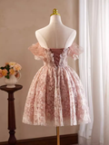 Cute Ball Gown Off The Shoulder Pink Lace Party Dress Homecoming Dresses HZ1024
