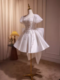 Cute Ball Gown Short Sleeves White Satin Party Dress Homecoming Dresses HZ1024