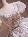 Cute Ball Gown Short Sleeves White Satin Party Dress Homecoming Dresses HZ1024