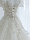 Unique A Line Tulle Sequin Beads Applique Short Sleeves Long Wedding Dresses HZ1024