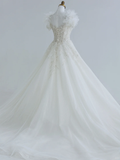 Unique A Line Tulle Sequin Beads Applique Short Sleeves Long Wedding Dresses HZ1024