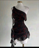 Pretty Mermaid One Shoulder Chiffon Printed Ruffles Short Homecoming Dress 16th Birthday Outfits HZ1024