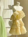 Simple A line Strapless Short Birthday Dress Yellow Homecoming Dresses HZ1024