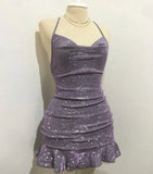 Sparkly Mermaid Halter Satin Sequin Short Homecoming Dress 19th Birthday Outfits HZ1024