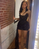 Sexy 22th Black Mermaid Strapless Tulle Lace Sequin Short Homecoming Dress Birthday Outfits HZ1024