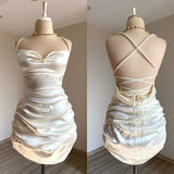 Mermaid Spaghetti Straps Satin Beads Pleated Short Homecoming Dress 19th Birthday Outfits HZ1024