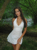 White A Line Halter V Neck Satin Short Homecoming Dress 19th Birthday Outfits HZ1024
