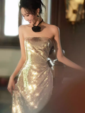 Sexy Mermaid Strapless Sequin Gold Prom Dresses HZ1024