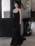 Sexy Mermaid Straps Sequin Black Prom Dresses HZ1024