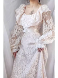 Vintage A line U Neckline Long Sleeves Lace White Wedding Dresses HZ1024