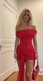 Red Mermaid Off The Shoulder Satin Short Homecoming Dress 21th Birthday Outfits HZ1024