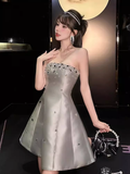 Vintage A line Strapless Gray Satin Homecoming Dress 19th Birthday Outfits HZ1024