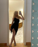 Chic Mermaid One Shoulder Black Satin Slit Short Homecoming Dress 20th Birthday Outfits HZ1024
