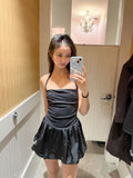 Cute Black A Line Halter Satin Short Homecoming Dress 17th Birthday Outfits HZ1024