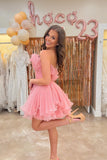 Cute Strapless Ball Gown Ruffles Pink Mini Homecoming Dress HZ1024