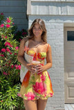 Sexy A Line Spaghetti Straps Printed Chiffon Short Homecoming Dress 21th Birthday Outfits HZ1024