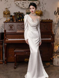 Vintage Mermaid High Neckline Long Sleeves Satin Lace Long White Wedding Dresses HZ1024
