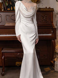 Vintage Mermaid High Neckline Long Sleeves Satin Lace Long White Wedding Dresses HZ1024