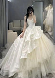 Sexy V Neck Formal Long Satin Lace Long White Wedding Dresses HZ1024
