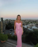 Sexy Pink Mermaid Spaghetti Straps Sequin Long Prom Dress, Evening Dress HZ1024