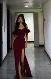 Formal Mermaid Off The Shoulder Burgundy Satin Slit Long Prom Dress, Evening Dress HZ1024