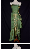 Vintage High Low Straps Ruffles Green Prom Dresses HZ1024