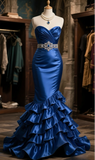 Charming Mermaid Sweetheart Satin Beaded With Tiered Ruffle Hem Long Prom Dress, Evening Dress HZ1024
