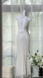 Modest Mermaid Halter Chiffon Sequin Backless Long Prom Dress, Evening Dress HZ1024